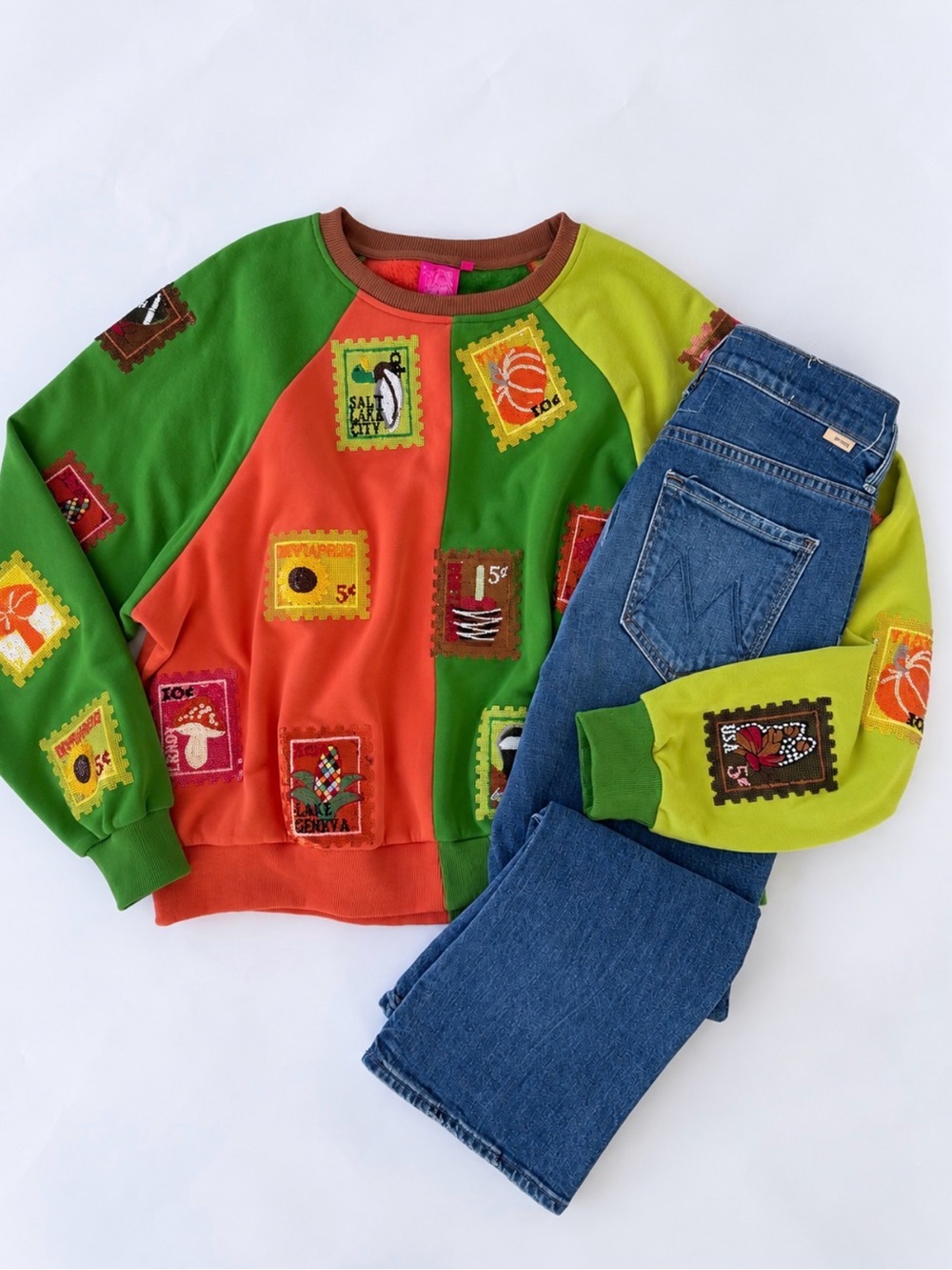 QOS Color Block Fall Stamp Sweatshirt
